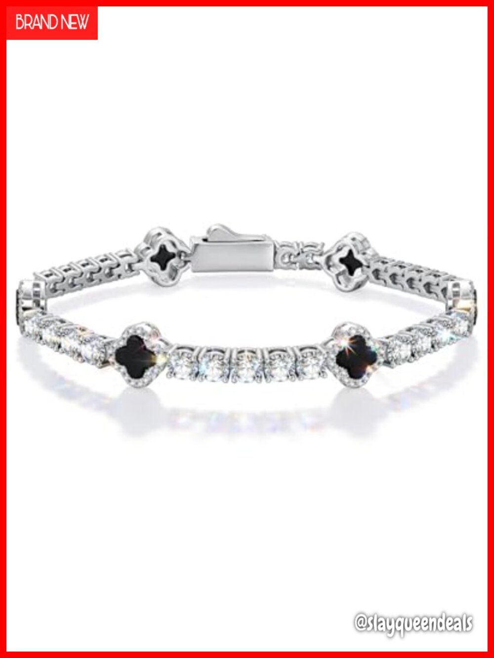 Handmade Tennis Bracelet with Black Onyx Clover Cubic Zirconia White Gold Plated